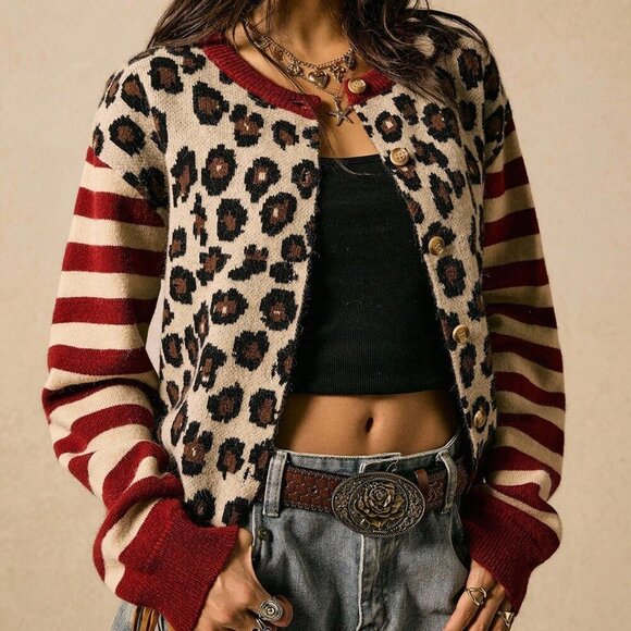 leopard & striped Casual Women's knit sweater cardigan - Picture 4 of 7